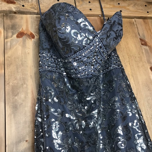 Madison James Strapless Pewter Prom Formal Dress - Picture 3 of 8